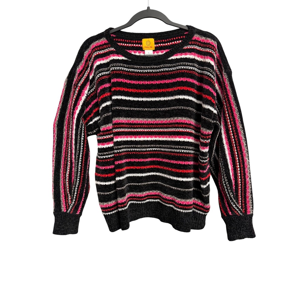 Ruby Rd Womens Chenille Striped Crewneck Sweater Black Pink Red Large 22160